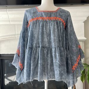 NWT Cousin Earl Lagenlook Florentine Blue Orange Bell SleevesTop Oversized Boho